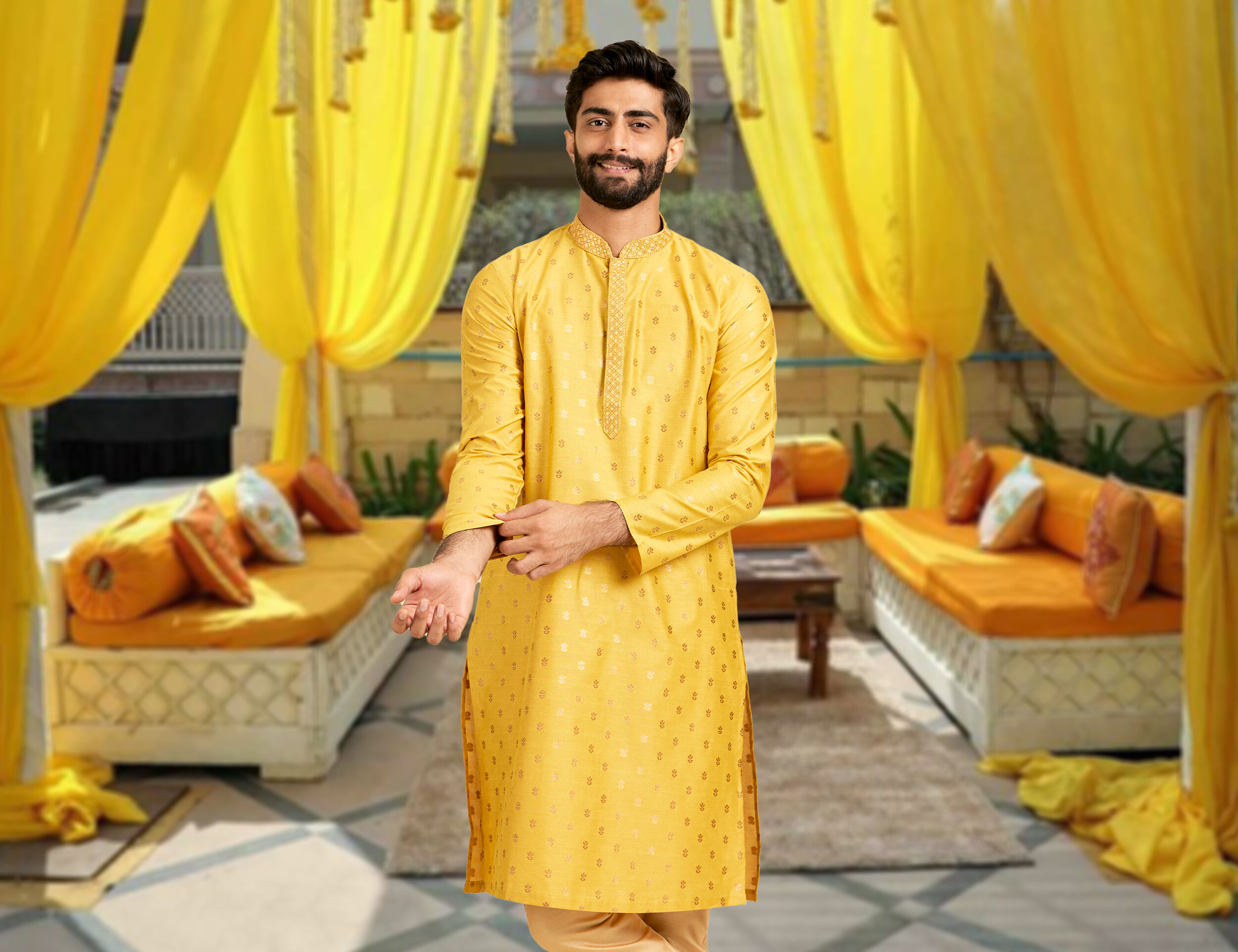 A man in yellow Kurta and Pajama for his wedding